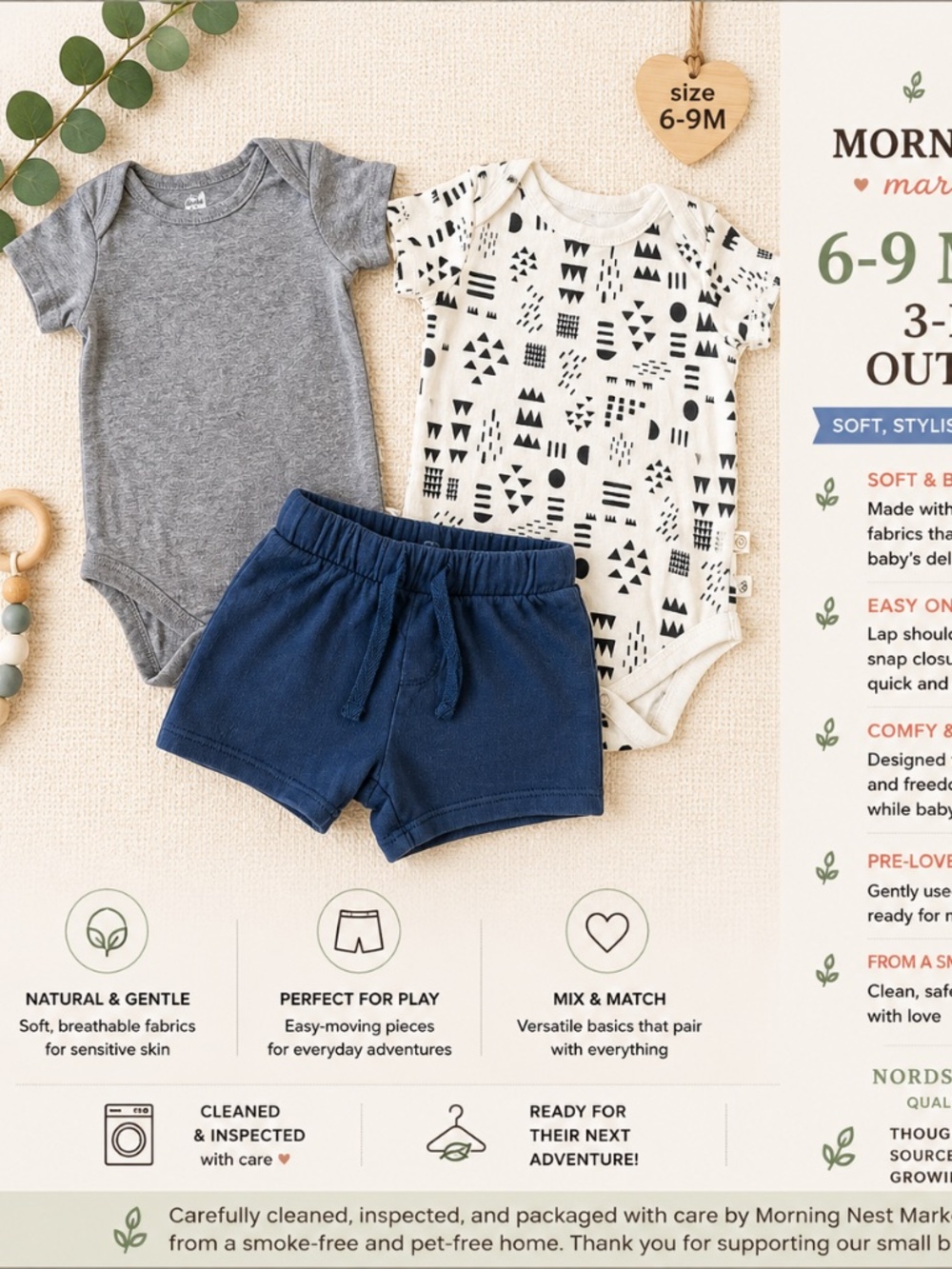 Nordstrom Shorts + Honest Baby Onesies 6–9 Months | 3-Piece Outfit Bundle